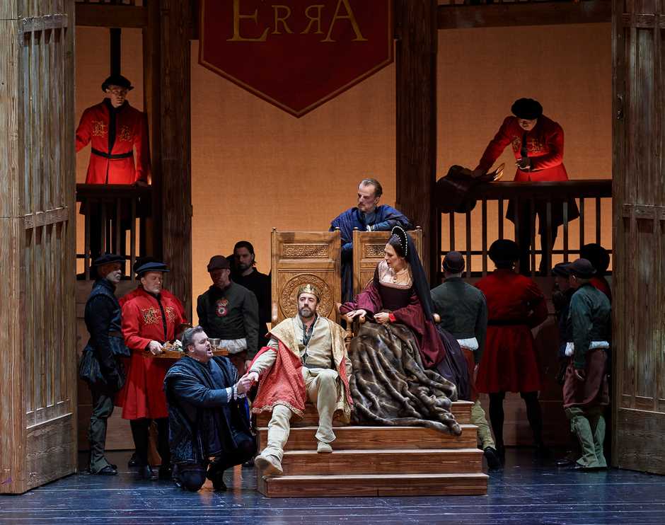 Bruce Sledge, Christian Van Horn, Thomas Goerz and Sondra Radvanovsky in the Canadian Opera Company production of Anna Bolena. Photo by Michael Cooper.