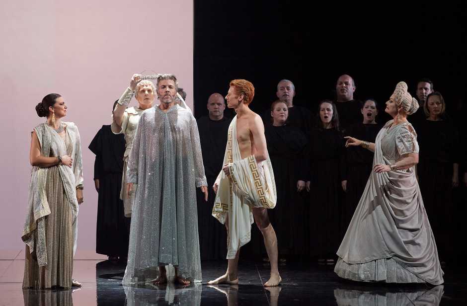 Ambur Braid, Roger Honeywell, Thomas Hampson, Isaiah Bell and Karita Mattila in the Canadian Opera Company's production of Hadrian. Photo by Michael Cooper.